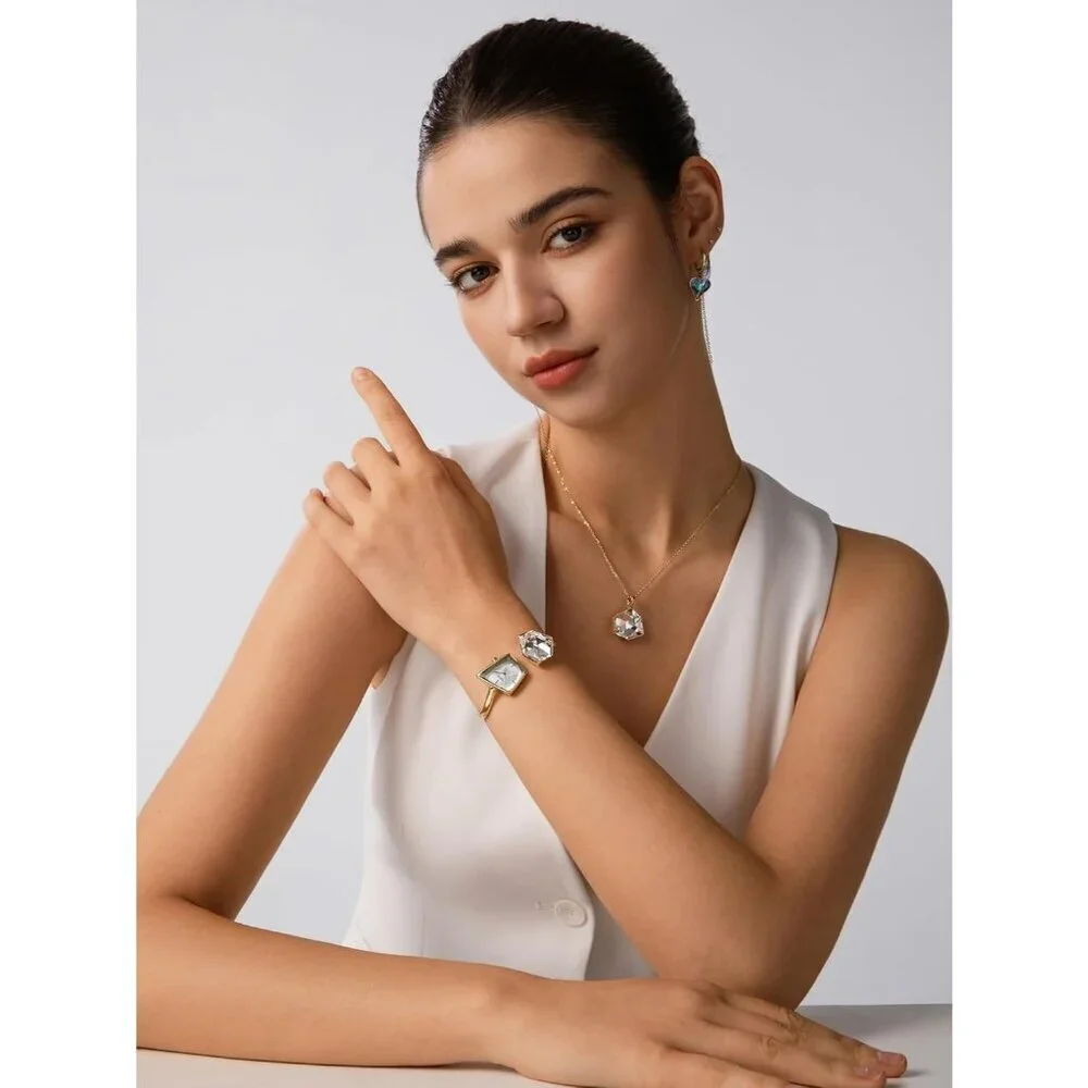 Women's Gold Cuff Bangle Quartz Watch Shaped Mineral Case Stainless Steel